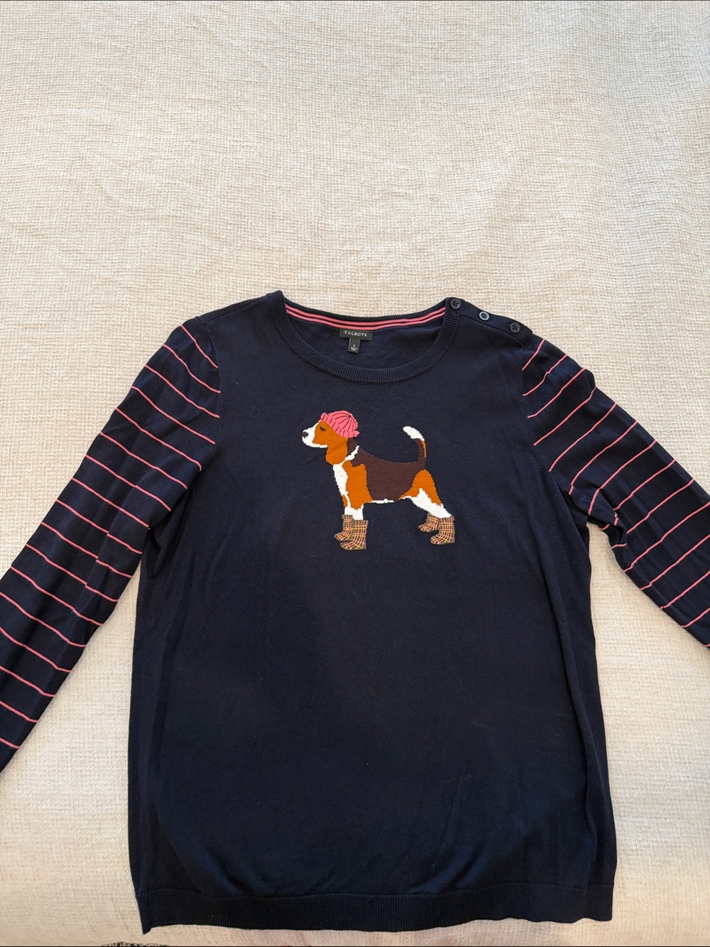 Talbots Navy Crewneck Sweater with Dog Motif and Pink-Striped Sleeves